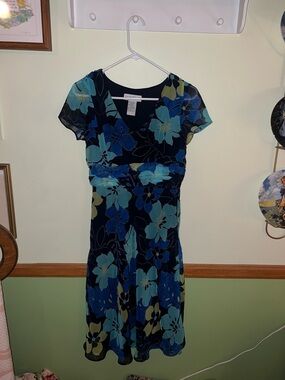 Worthington Navy Floral Midi Dress with Blue & Teal Blooms
